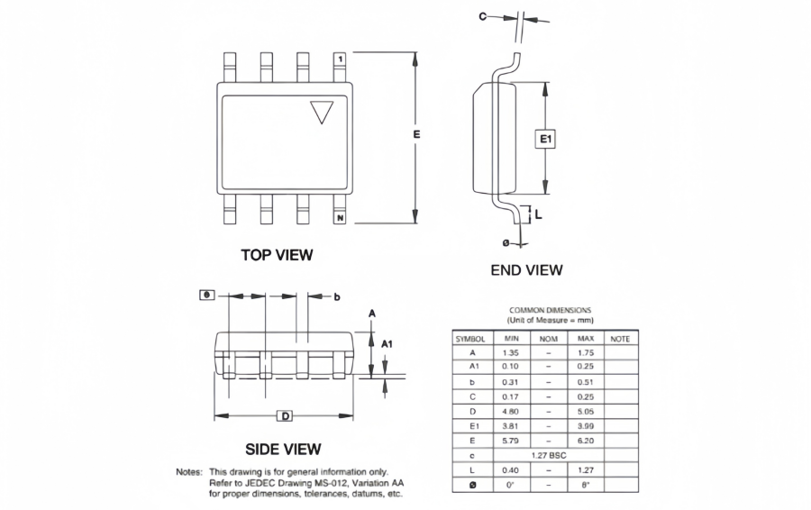 8-SOIC, covering different views like top, end and side views. 8-SOIC, covering different views like top, end and side views.