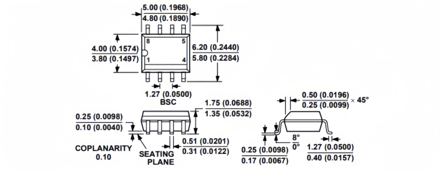 This part shows the package outlines of the ADM705ARZ microprocessor supervisory IC. This part shows the package outlines of the ADM705ARZ microprocessor supervisory IC.